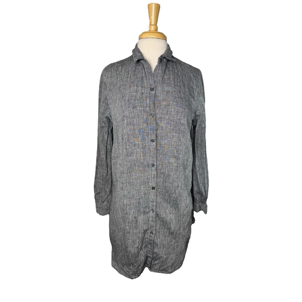 J.JILL Love Linen Gray Button Up Tunic Shirt Size Medium Petite Long Sleeve